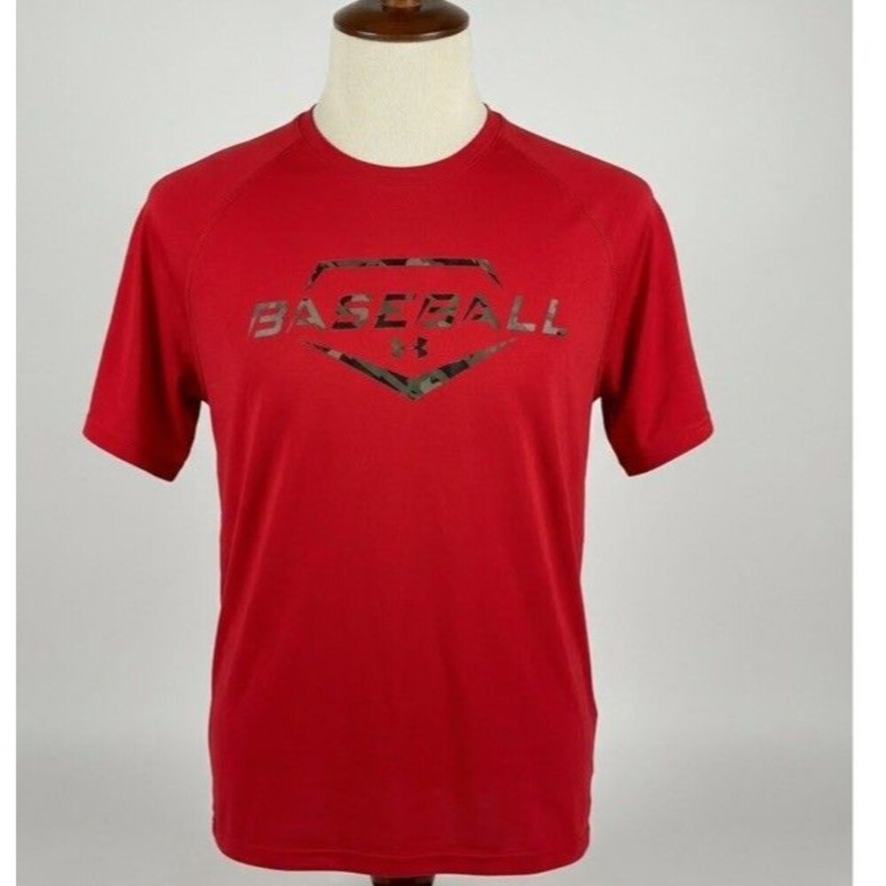 Under Armour HeatGear Men's XL Red Camo Baseball T Shirt Spell Out Loose Fit